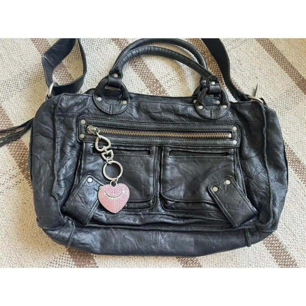 Y2K Juicy Couture Black Leather Large Purse Downtown Royal Tote Crossbody USA